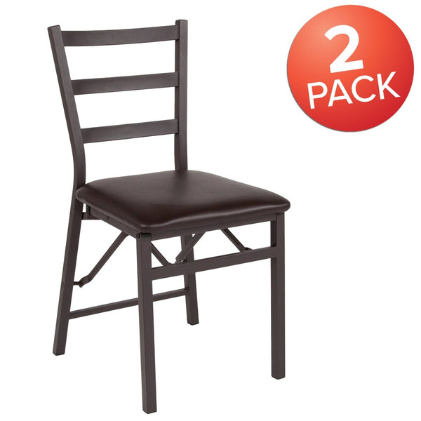 English Elm 2 Pack HERCULES Series Sturdy Folding Ladder Back Chairs with Comfortable Brown Vinyl Seats 2-CY-180841-GG
