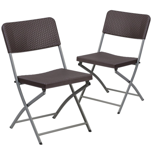 English Elm 2 Pack HERCULES Series Folding Chairs with Brown Rattan-Style Seat & Gray Steel Frame for Events 2-DAD-YCZ-61-GG