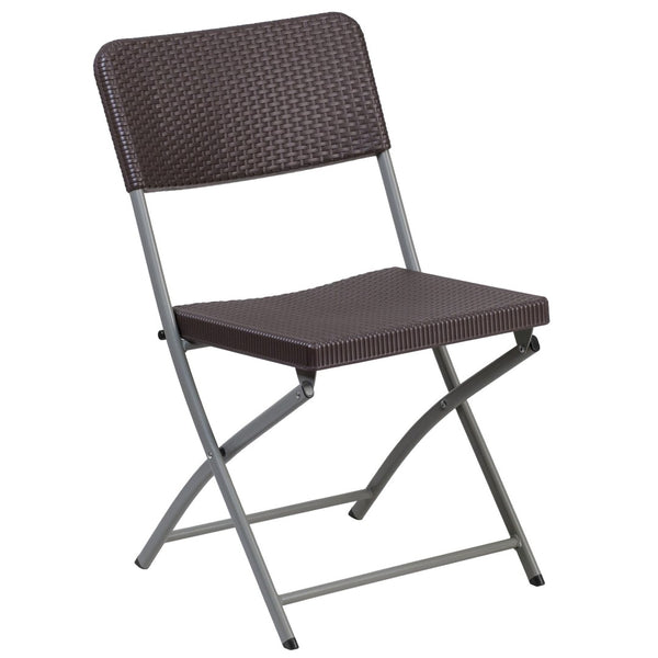 English Elm 2 Pack HERCULES Series Folding Chairs with Brown Rattan-Style Seat & Gray Steel Frame for Events 2-DAD-YCZ-61-GG