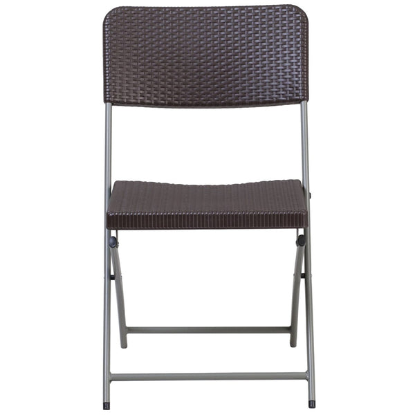 English Elm 2 Pack HERCULES Series Folding Chairs with Brown Rattan-Style Seat & Gray Steel Frame for Events 2-DAD-YCZ-61-GG