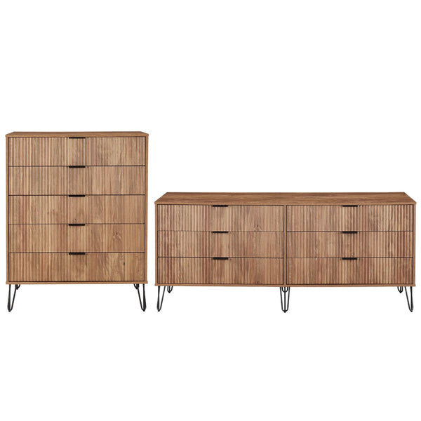 2-Piece DUMBO  5-Drawer Tall Dresser and DUMBO 6-Drawer Double Low Dresser in Golden Brown 2-DB03-GB Manhattan Comfort