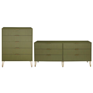 2-Piece DUMBO  5-Drawer Tall Dresser and DUMBO 6-Drawer Double Low Dresser in Olive Green 2-DB03-OG Manhattan Comfort