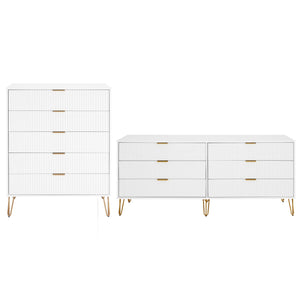 2-Piece DUMBO  5-Drawer Tall Dresser and DUMBO 6-Drawer Double Low Dresser in White 2-DB03-WH Manhattan Comfort