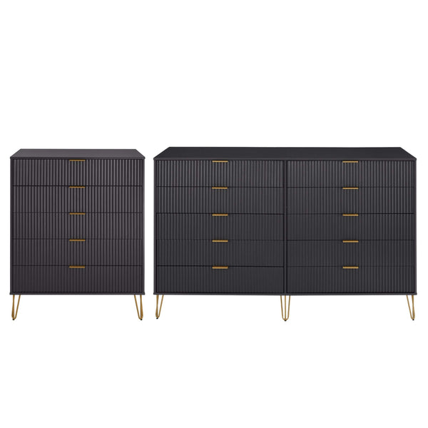 2-Piece DUMBO  5-Drawer Tall Dresser and DUMBO 10-Drawer Double Tall Dresser in Black 2-DB04-BK Manhattan Comfort
