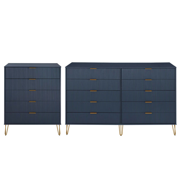 2-Piece DUMBO  5-Drawer Tall Dresser and DUMBO 10-Drawer Double Tall Dresser in Midnight Blue 2-DB04-MB Manhattan Comfort
