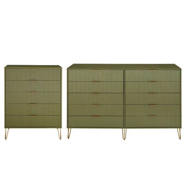2-Piece DUMBO  5-Drawer Tall Dresser and DUMBO 10-Drawer Double Tall Dresser in Olive Green 2-DB04-OG Manhattan Comfort