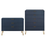 2-Piece DUMBO  5-Drawer Tall Dresser and DUMBO 3-Drawer Standard Dresser in Midnight Blue 2-DB05-MB Manhattan Comfort