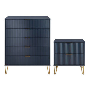2-Piece DUMBO  5-Drawer Tall Dresser and DUMBO Nightstand 2.0 in Midnight Blue 2-DB06-MB Manhattan Comfort