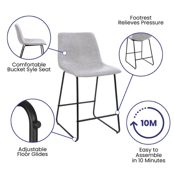 English Elm Reagan Counter Height Barstools Set of 2 - Modern Comfort with Durable LeatherSoft Upholstery Light Gray 24" High 2-ET-ER18345-24-LG-GG