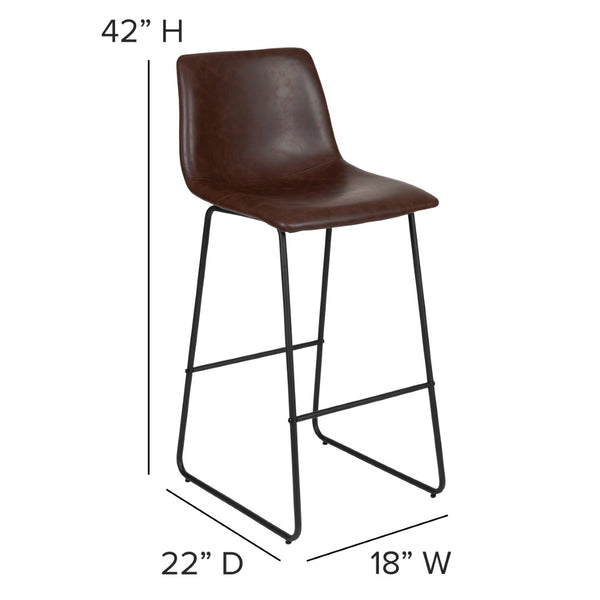 English Elm Reagan Set of 2 Commercial Grade LeatherSoft Bar Height Stools with Supportive Mid-Back Design Dark Brown 30" High 2-ET-ER18345-30-DB-GG