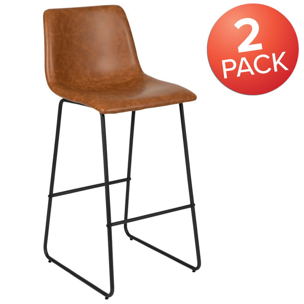 English Elm Reagan Set of 2 Commercial Grade LeatherSoft Bar Height Stools with Supportive Mid-Back Design Light Brown 30" High 2-ET-ER18345-30-LB-GG