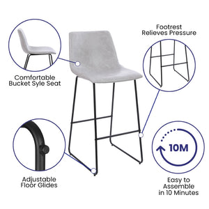 English Elm Reagan Set of 2 Commercial Grade LeatherSoft Bar Height Stools with Supportive Mid-Back Design Light Gray 30" High 2-ET-ER18345-30-LG-GG