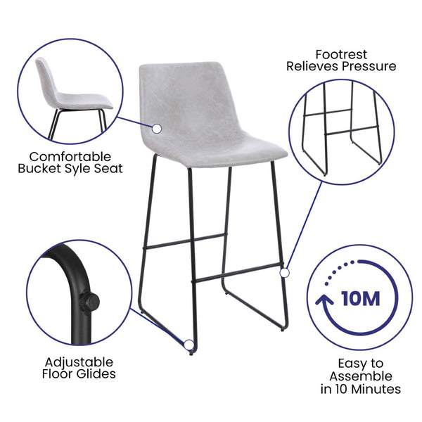 English Elm Reagan Set of 2 Commercial Grade LeatherSoft Bar Height Stools with Supportive Mid-Back Design Light Gray 30" High 2-ET-ER18345-30-LG-GG