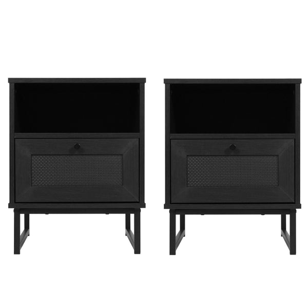 English Elm Malaki Set of 2 Mid-Century Modern Nightstands with Rattan Drawers, Open Shelves, and Metal Legs Black 2-EV-ST4043-ZZ-BLK-GG