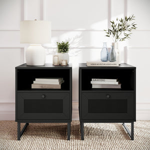 English Elm Malaki Set of 2 Mid-Century Modern Nightstands with Rattan Drawers, Open Shelves, and Metal Legs Black 2-EV-ST4043-ZZ-BLK-GG