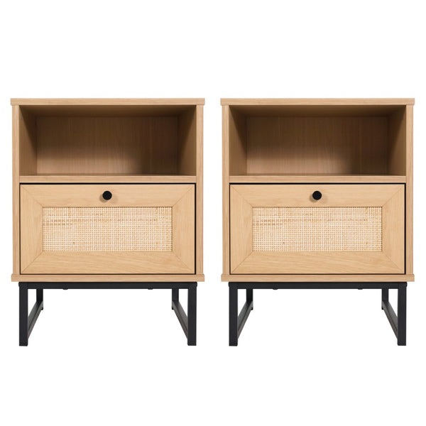 English Elm Malaki Set of 2 Mid-Century Modern Nightstands with Rattan Drawers, Open Shelves, and Metal Legs Natural 2-EV-ST4043-ZZ-NAT-GG