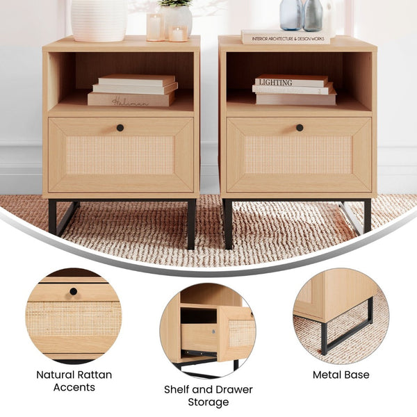 English Elm Malaki Set of 2 Mid-Century Modern Nightstands with Rattan Drawers, Open Shelves, and Metal Legs Natural 2-EV-ST4043-ZZ-NAT-GG