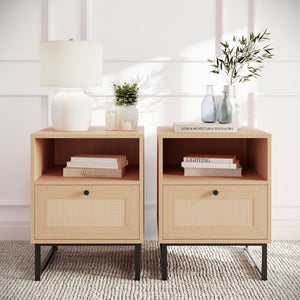 English Elm Malaki Set of 2 Mid-Century Modern Nightstands with Rattan Drawers, Open Shelves, and Metal Legs Natural 2-EV-ST4043-ZZ-NAT-GG