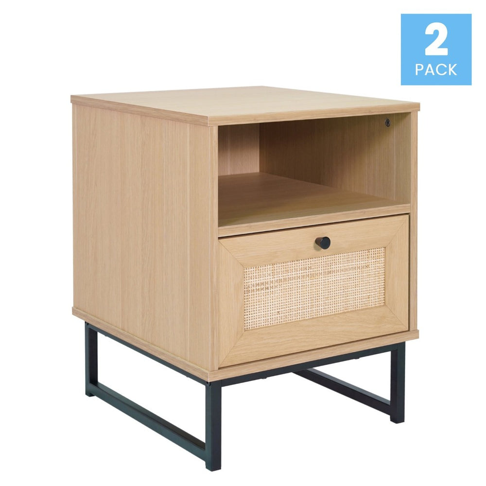 English Elm Malaki Set of 2 Mid-Century Modern Nightstands with Rattan Drawers, Open Shelves, and Metal Legs Natural 2-EV-ST4043-ZZ-NAT-GG