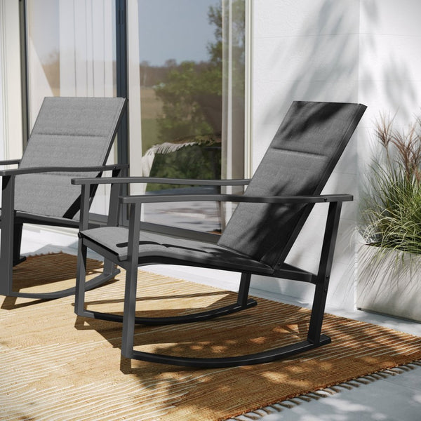English Elm Brazos Set of 2 Outdoor Rocking Chairs with Quick-Dry Comfort Material and Durable Steel Frames Black 2-FV-FSC-2315N-BLK-GG