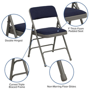 English Elm 2 Pack HERCULES Series Padded Folding Chairs - Durable, Stylish Seating for Events & Home Use Navy Fabric/Gray Frame 2-HA-MC309AF-NVY-GG