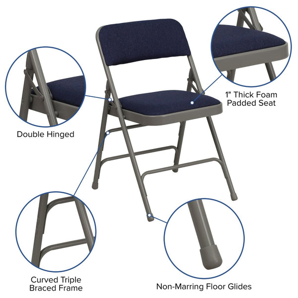 English Elm 2 Pack HERCULES Series Padded Folding Chairs - Durable, Stylish Seating for Events & Home Use Navy Fabric/Gray Frame 2-HA-MC309AF-NVY-GG