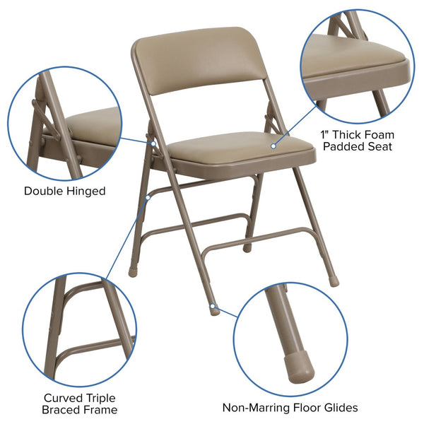 English Elm 2 Pack HERCULES Series Padded Folding Chairs - Durable, Stylish Seating for Events & Home Use Beige Vinyl/Beige Frame 2-HA-MC309AV-BGE-GG