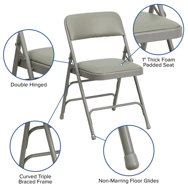 English Elm 2 Pack HERCULES Series Padded Folding Chairs - Durable, Stylish Seating for Events & Home Use Gray Vinyl/Gray Frame 2-HA-MC309AV-GY-GG