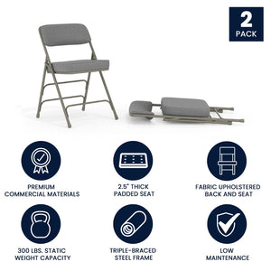 English Elm 2 Pack HERCULES Series Premium Curved Triple Braced Metal Folding Chairs for Comfort & Durability Gray Fabric/Gray Frame 2-HA-MC320AF-GRY-GG
