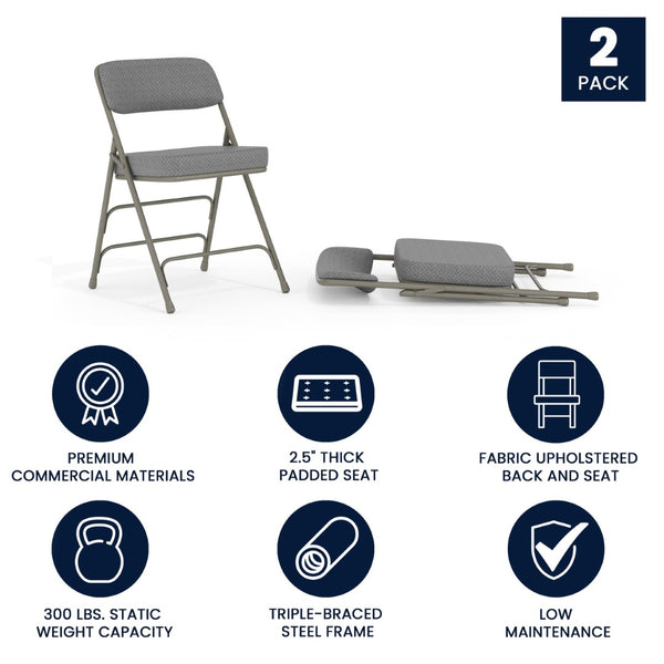 English Elm 2 Pack HERCULES Series Premium Curved Triple Braced Metal Folding Chairs for Comfort & Durability Gray Fabric/Gray Frame 2-HA-MC320AF-GRY-GG