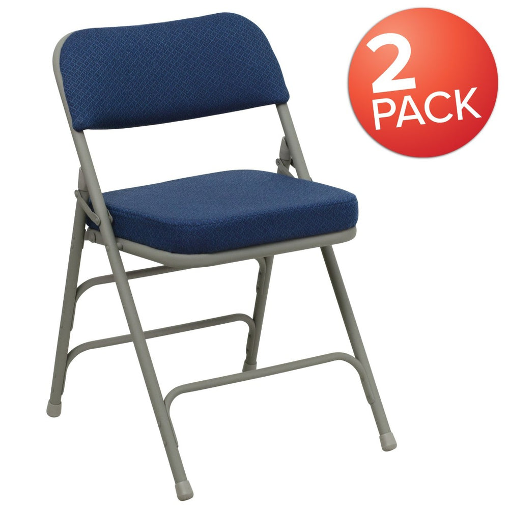 English Elm 2 Pack HERCULES Series Premium Curved Triple Braced Metal Folding Chairs for Comfort & Durability Navy Fabric/Gray Frame 2-HA-MC320AF-NVY-GG