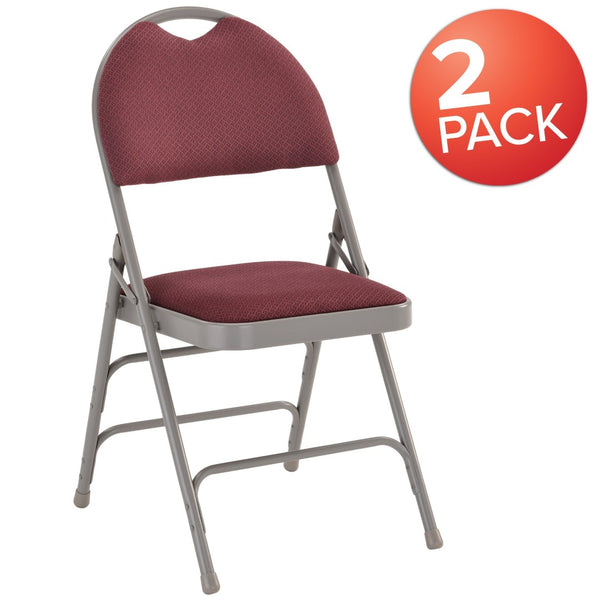 English Elm 2 Pack HERCULES Series Ultra-Premium Folding Chairs with Triple Braced Frame and Easy Carry Handle Burgundy Fabric/Gray Frame 2-HA-MC705AF-3-BY-GG