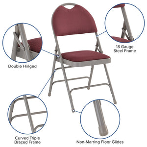 English Elm 2 Pack HERCULES Series Ultra-Premium Folding Chairs with Triple Braced Frame and Easy Carry Handle Burgundy Fabric/Gray Frame 2-HA-MC705AF-3-BY-GG