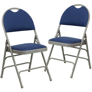 English Elm 2 Pack HERCULES Series Ultra-Premium Folding Chairs with Triple Braced Frame and Easy Carry Handle Navy Fabric/Gray Frame 2-HA-MC705AF-3-NVY-GG
