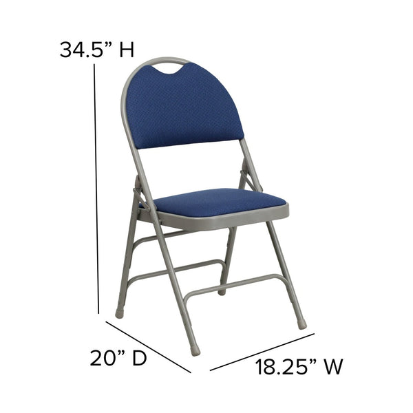 English Elm 2 Pack HERCULES Series Ultra-Premium Folding Chairs with Triple Braced Frame and Easy Carry Handle Navy Fabric/Gray Frame 2-HA-MC705AF-3-NVY-GG