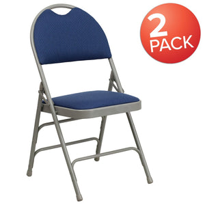 English Elm 2 Pack HERCULES Series Ultra-Premium Folding Chairs with Triple Braced Frame and Easy Carry Handle Navy Fabric/Gray Frame 2-HA-MC705AF-3-NVY-GG