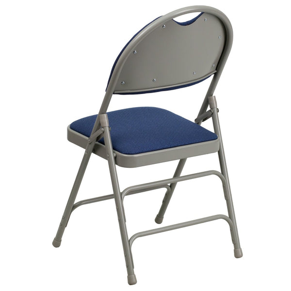 English Elm 2 Pack HERCULES Series Ultra-Premium Folding Chairs with Triple Braced Frame and Easy Carry Handle Navy Fabric/Gray Frame 2-HA-MC705AF-3-NVY-GG