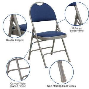 English Elm 2 Pack HERCULES Series Ultra-Premium Folding Chairs with Triple Braced Frame and Easy Carry Handle Navy Fabric/Gray Frame 2-HA-MC705AF-3-NVY-GG