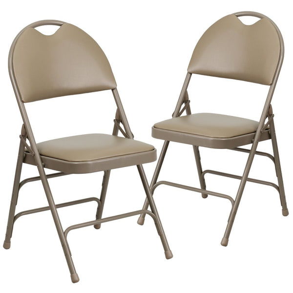 English Elm 2 Pack HERCULES Series Ultra-Premium Folding Chairs with Triple Braced Frame and Easy Carry Handle Beige Vinyl/Beige Frame 2-HA-MC705AV-3-BGE-GG