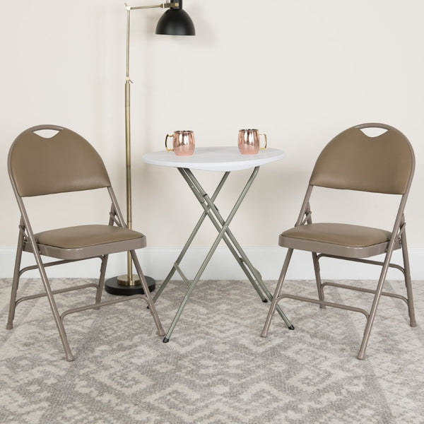 English Elm 2 Pack HERCULES Series Ultra-Premium Folding Chairs with Triple Braced Frame and Easy Carry Handle Beige Vinyl/Beige Frame 2-HA-MC705AV-3-BGE-GG