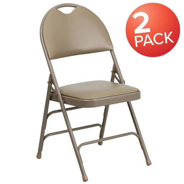 English Elm 2 Pack HERCULES Series Ultra-Premium Folding Chairs with Triple Braced Frame and Easy Carry Handle Beige Vinyl/Beige Frame 2-HA-MC705AV-3-BGE-GG
