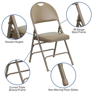 English Elm 2 Pack HERCULES Series Ultra-Premium Folding Chairs with Triple Braced Frame and Easy Carry Handle Beige Vinyl/Beige Frame 2-HA-MC705AV-3-BGE-GG