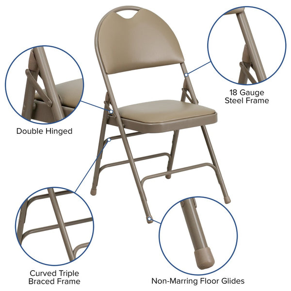 English Elm 2 Pack HERCULES Series Ultra-Premium Folding Chairs with Triple Braced Frame and Easy Carry Handle Beige Vinyl/Beige Frame 2-HA-MC705AV-3-BGE-GG