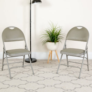 English Elm 2 Pack HERCULES Series Ultra-Premium Folding Chairs with Triple Braced Frame and Easy Carry Handle Gray Vinyl/Gray Frame 2-HA-MC705AV-3-GY-GG