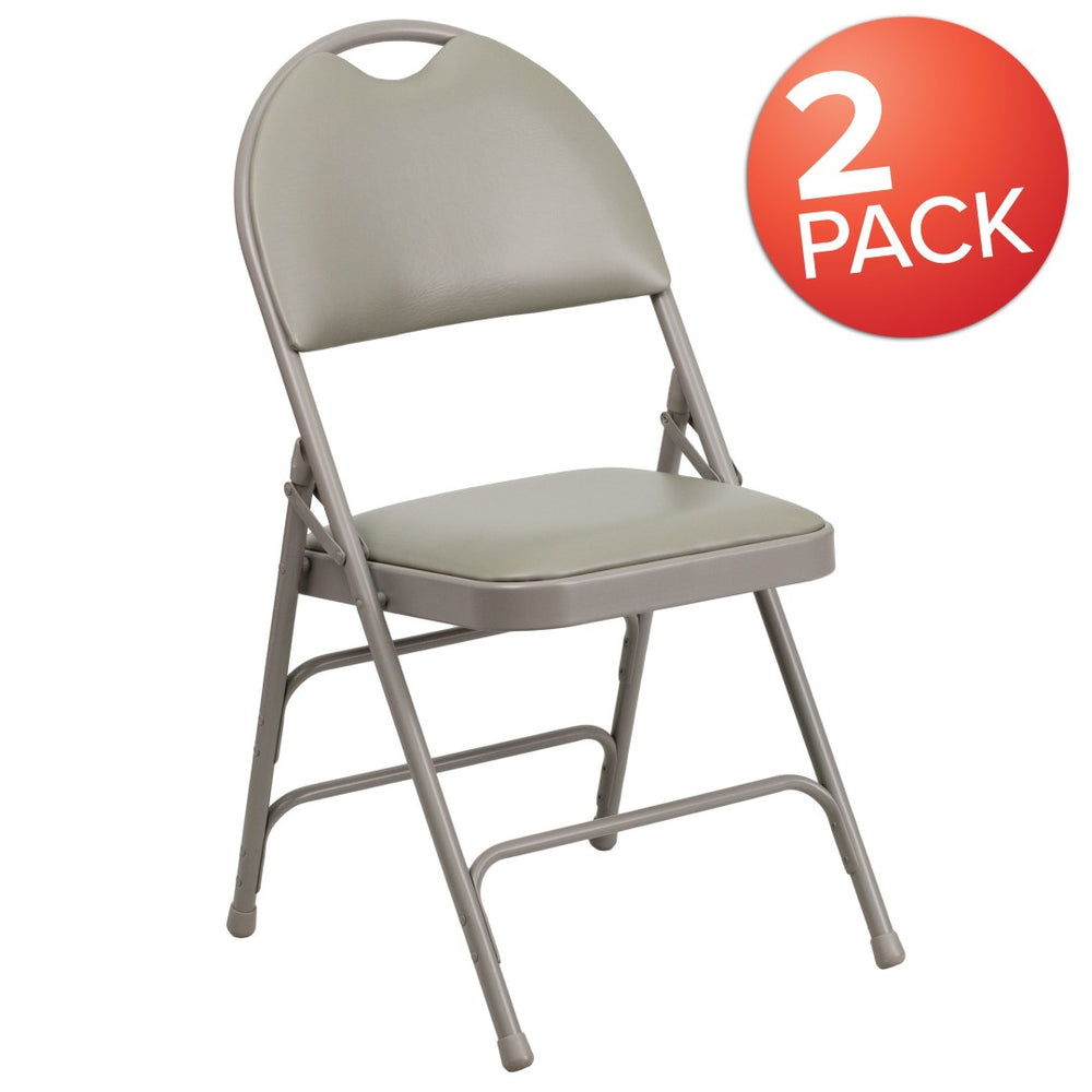 English Elm 2 Pack HERCULES Series Ultra-Premium Folding Chairs with Triple Braced Frame and Easy Carry Handle Gray Vinyl/Gray Frame 2-HA-MC705AV-3-GY-GG