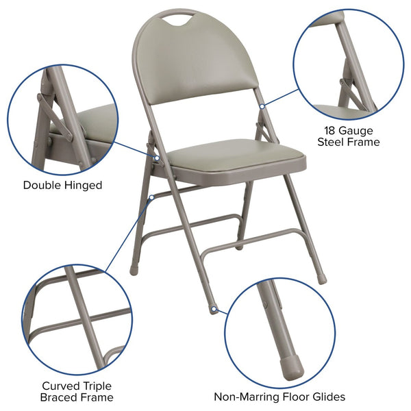 English Elm 2 Pack HERCULES Series Ultra-Premium Folding Chairs with Triple Braced Frame and Easy Carry Handle Gray Vinyl/Gray Frame 2-HA-MC705AV-3-GY-GG