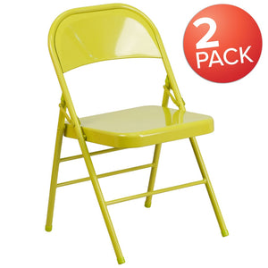 English Elm 2 Pack HERCULES COLORBURST Metal Folding Chairs - Durable, Lightweight, Modern Design for Events & Home Twisted Citron 2-HF3-CITRON-GG