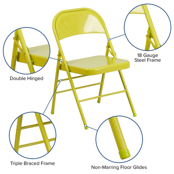 English Elm 2 Pack HERCULES COLORBURST Metal Folding Chairs - Durable, Lightweight, Modern Design for Events & Home Twisted Citron 2-HF3-CITRON-GG