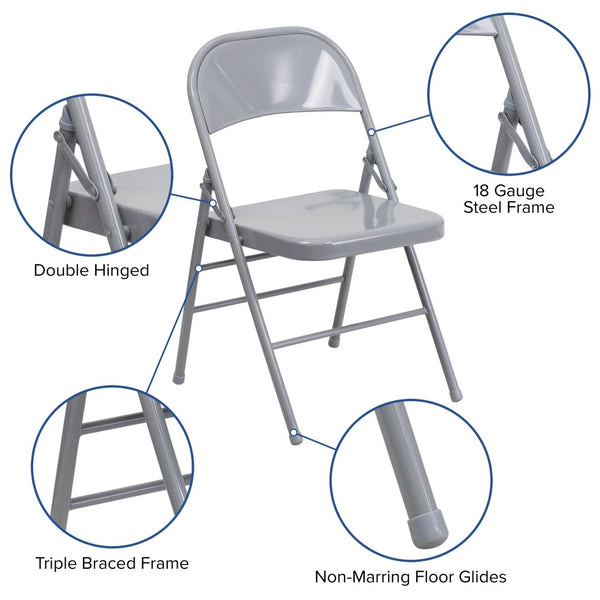 English Elm 2 Pack HERCULES Series Commercial-Grade Triple Braced Metal Folding Chairs for Events & Gatherings Gray 2-HF3-MC-309AS-GY-GG
