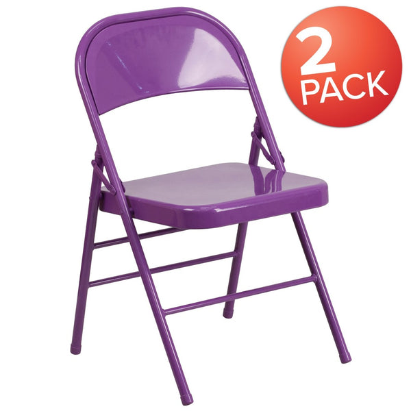 English Elm 2 Pack HERCULES COLORBURST Metal Folding Chairs - Durable, Lightweight, Modern Design for Events & Home Impulsive Purple 2-HF3-PUR-GG